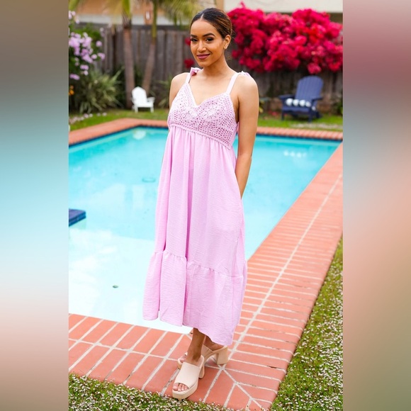 Feeling Your Best Pink Crochet Lace Babydoll Midi Dress - Picture 1 of 4